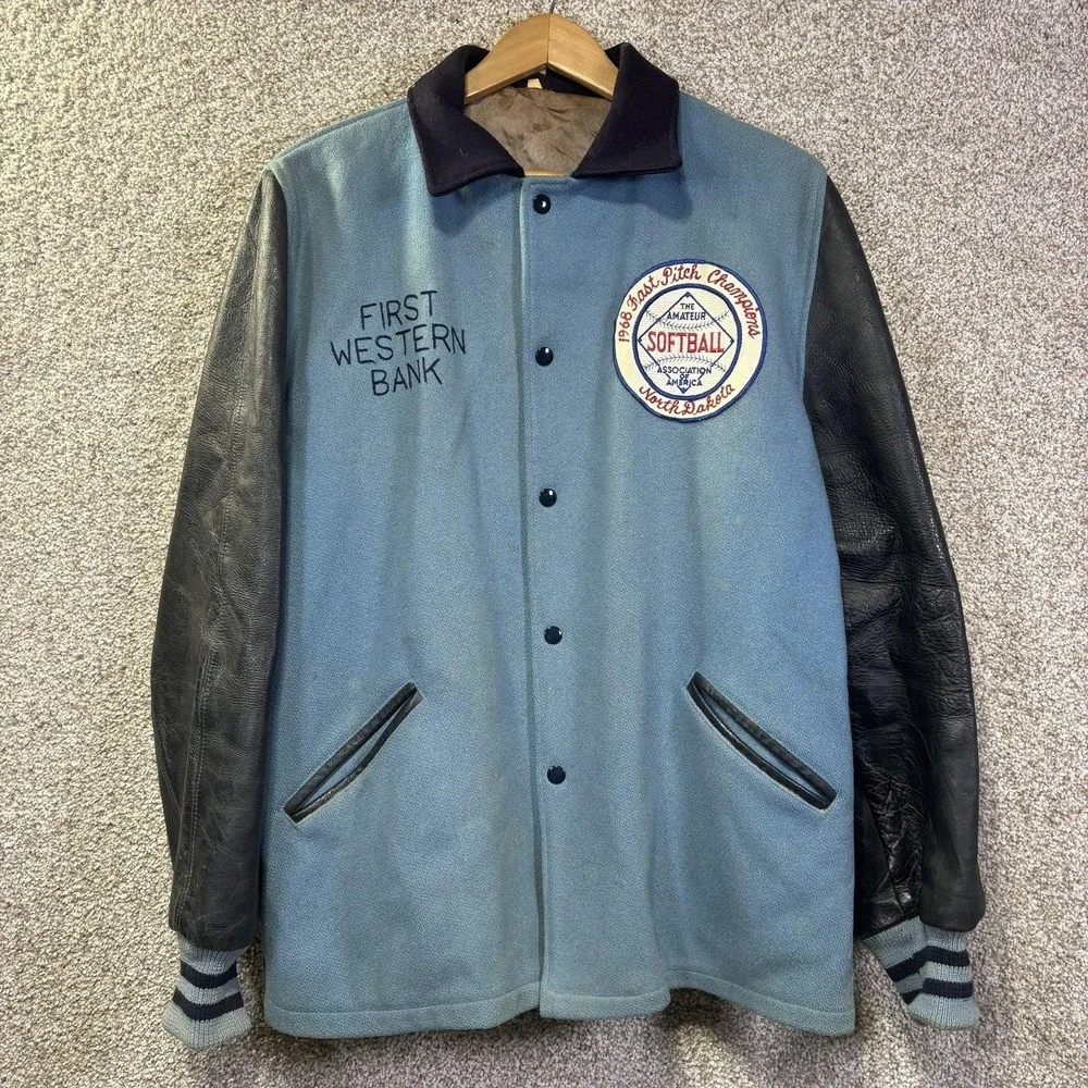 Vintage‎ Butwin Jacket Mens 44 Blue Leather Varsity Softball 1968 North Dakota